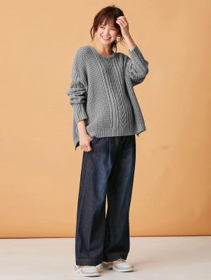 マタニティ トップス|ウール混ざっくり裾スリットケーブルニット　マタニティ・授乳服|グレー