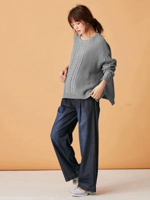 マタニティ トップス|ウール混ざっくり裾スリットケーブルニット　マタニティ・授乳服|グレー