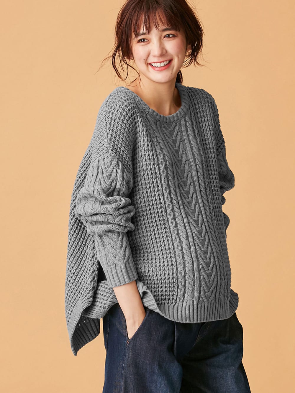 マタニティ トップス|ウール混ざっくり裾スリットケーブルニット　マタニティ・授乳服|グレー