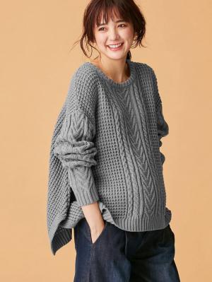 マタニティ トップス|ウール混ざっくり裾スリットケーブルニット　マタニティ・授乳服|グレー