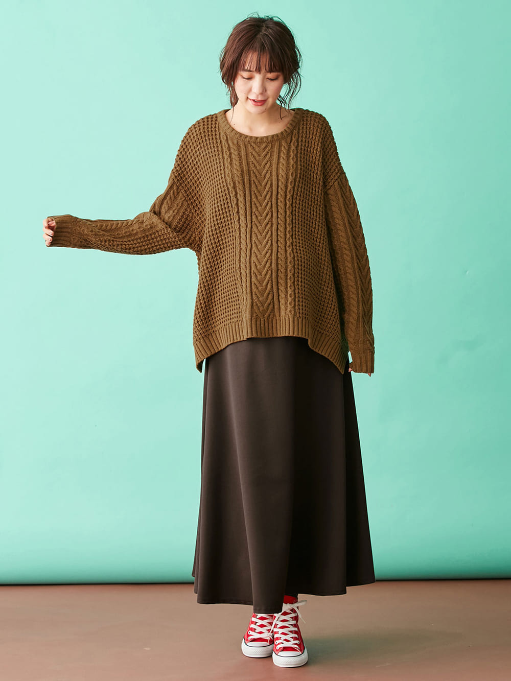 マタニティ トップス|ウール混ざっくり裾スリットケーブルニット　マタニティ・授乳服|シナモン