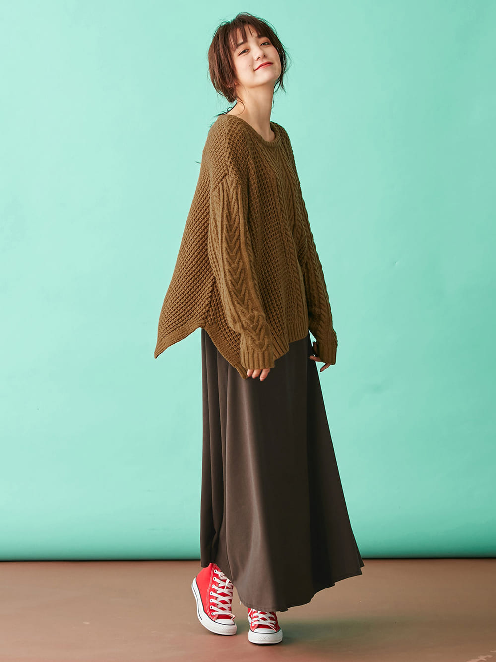 マタニティ トップス|ウール混ざっくり裾スリットケーブルニット　マタニティ・授乳服|シナモン