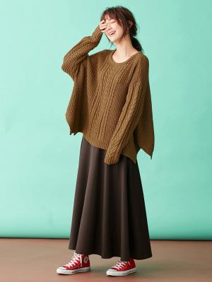 マタニティ トップス|ウール混ざっくり裾スリットケーブルニット　マタニティ・授乳服|シナモン