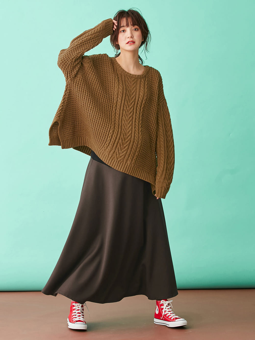 マタニティ トップス|ウール混ざっくり裾スリットケーブルニット　マタニティ・授乳服|シナモン