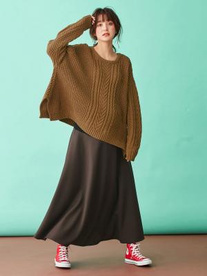 マタニティ トップス|ウール混ざっくり裾スリットケーブルニット　マタニティ・授乳服|シナモン