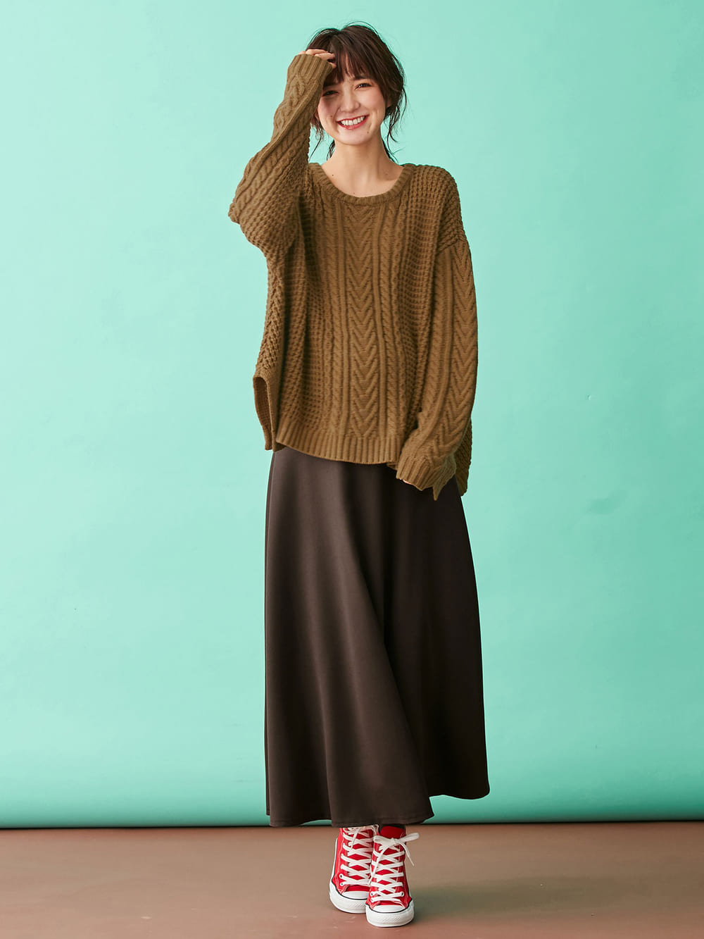 マタニティ トップス|ウール混ざっくり裾スリットケーブルニット　マタニティ・授乳服|シナモン