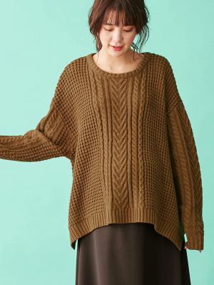 マタニティ トップス|ウール混ざっくり裾スリットケーブルニット　マタニティ・授乳服|シナモン