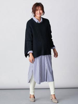 マタニティ トップス|ウール混ざっくり裾スリットケーブルニット　マタニティ・授乳服|ネイビー