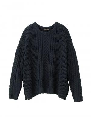 マタニティ トップス|ウール混ざっくり裾スリットケーブルニット　マタニティ・授乳服|ネイビー