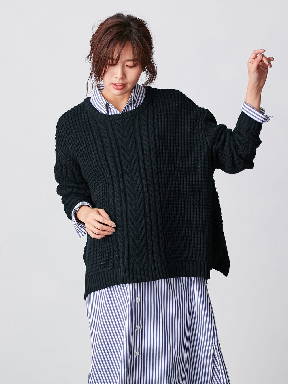 マタニティ トップス|ウール混ざっくり裾スリットケーブルニット　マタニティ・授乳服|ネイビー