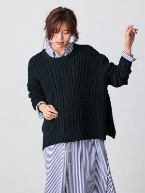 マタニティ トップス|ウール混ざっくり裾スリットケーブルニット　マタニティ・授乳服|ネイビー