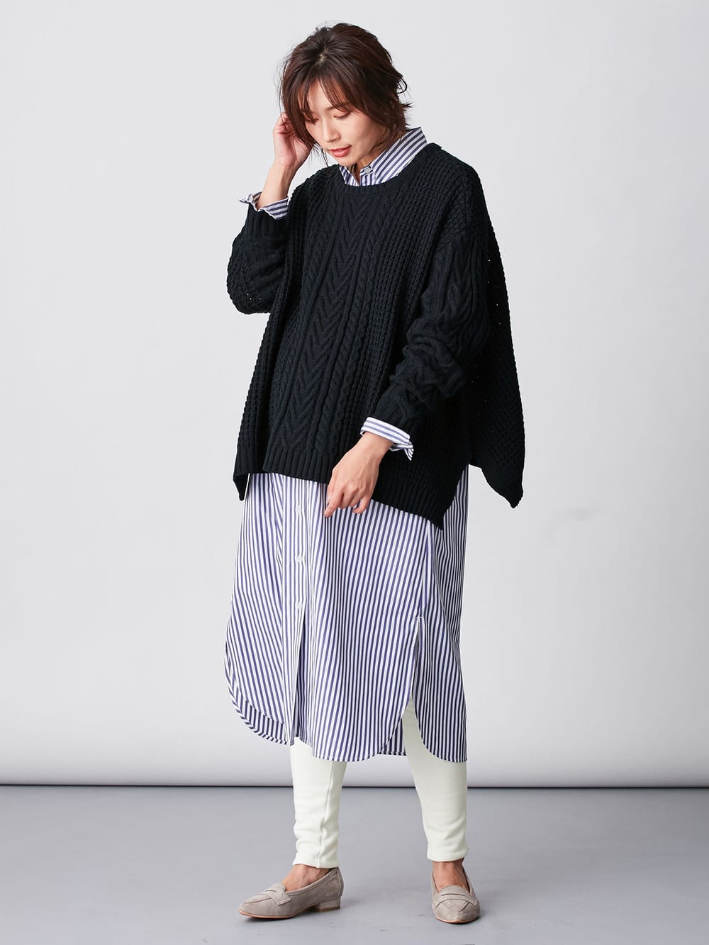 マタニティ トップス|ウール混ざっくり裾スリットケーブルニット　マタニティ・授乳服|ネイビー