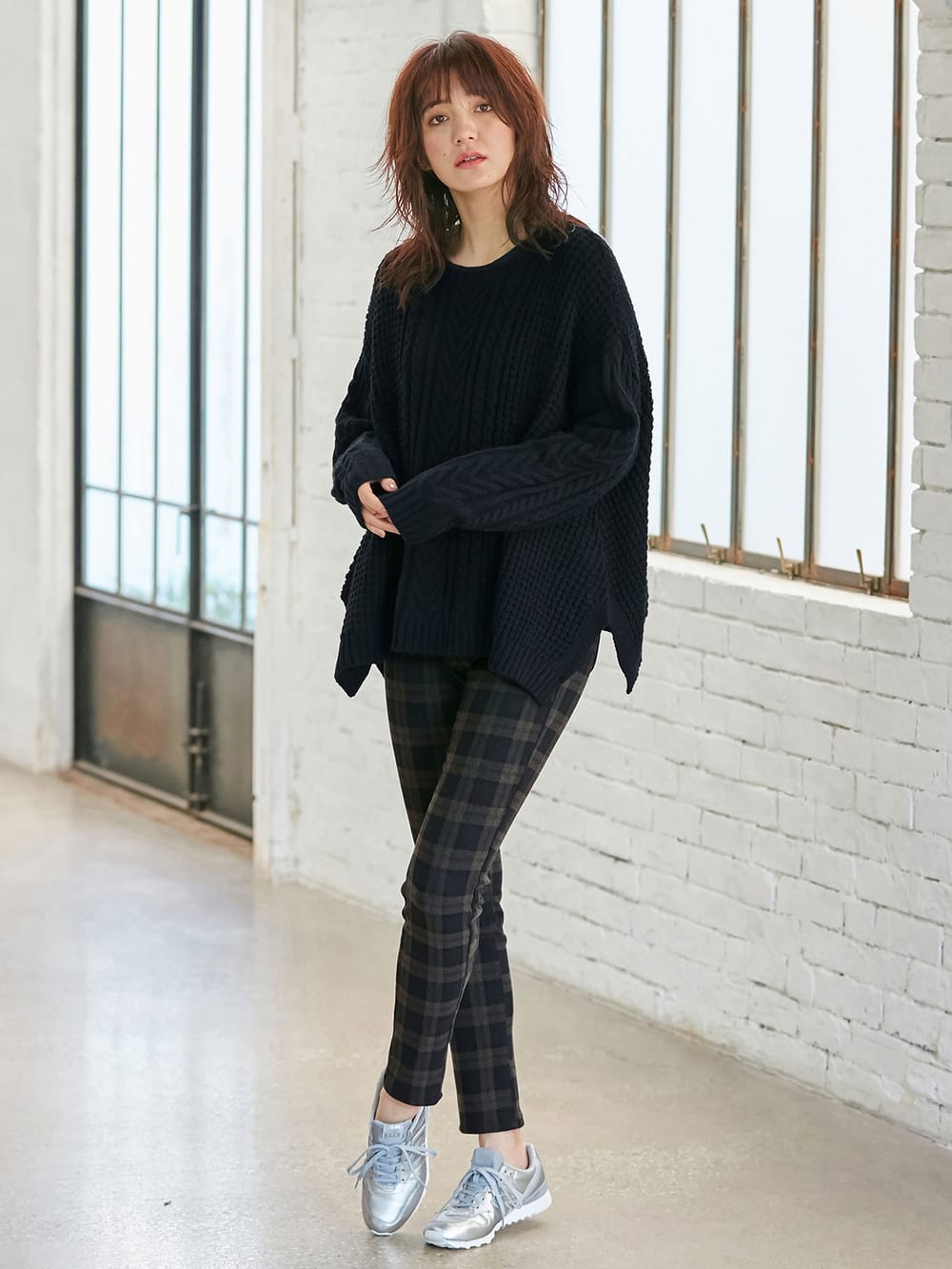 マタニティ トップス|ウール混ざっくり裾スリットケーブルニット　マタニティ・授乳服|ネイビー