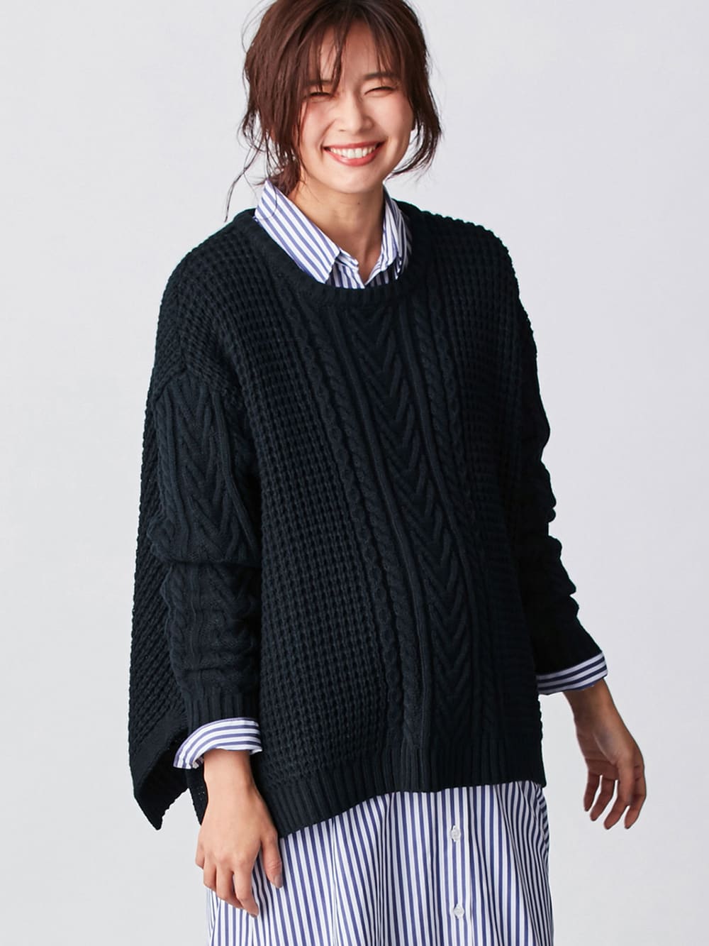 マタニティ トップス|ウール混ざっくり裾スリットケーブルニット　マタニティ・授乳服|ネイビー