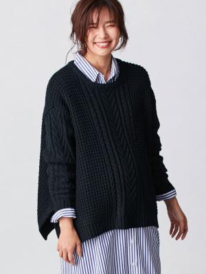 マタニティ トップス|ウール混ざっくり裾スリットケーブルニット　マタニティ・授乳服|ネイビー