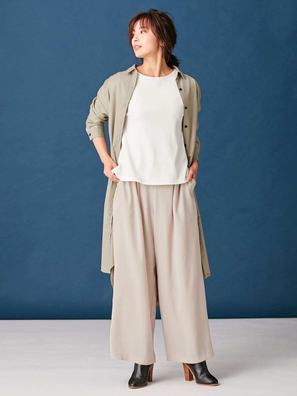 アウトレット|T/Rツイルシャツワンピース　マタニティ・授乳服【出産後も長く使える】|ベージュ