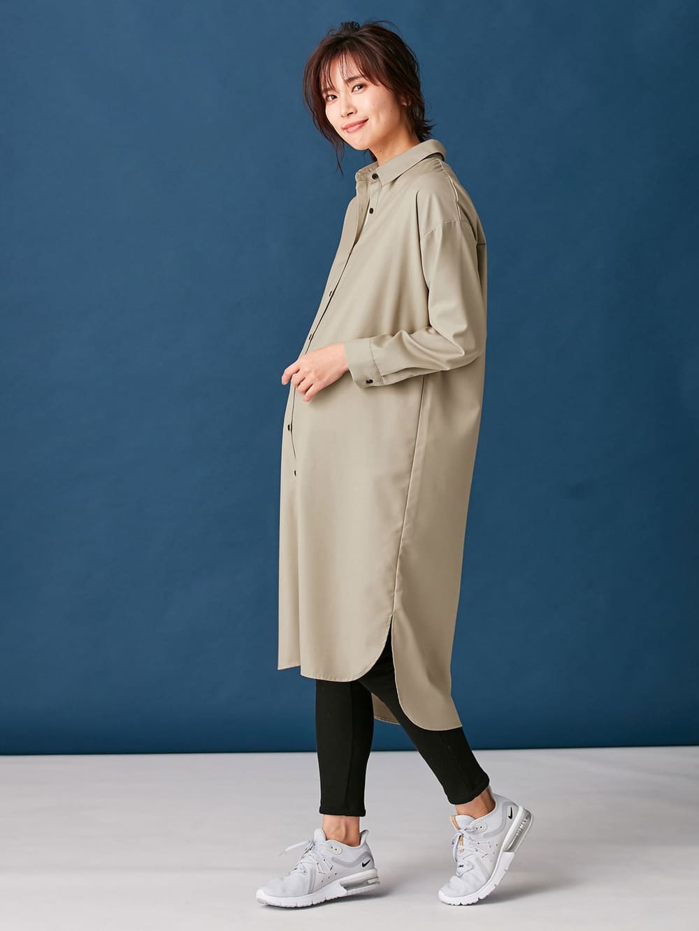 アウトレット|T/Rツイルシャツワンピース　マタニティ・授乳服【出産後も長く使える】|ベージュ