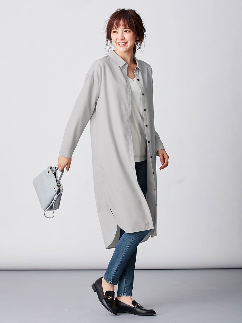 アウトレット|T/Rツイルシャツワンピース　マタニティ・授乳服【出産後も長く使える】|ライトグレー