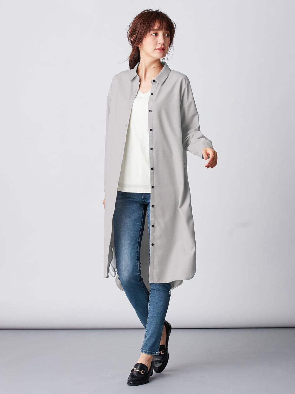 アウトレット|T/Rツイルシャツワンピース　マタニティ・授乳服【出産後も長く使える】|ライトグレー