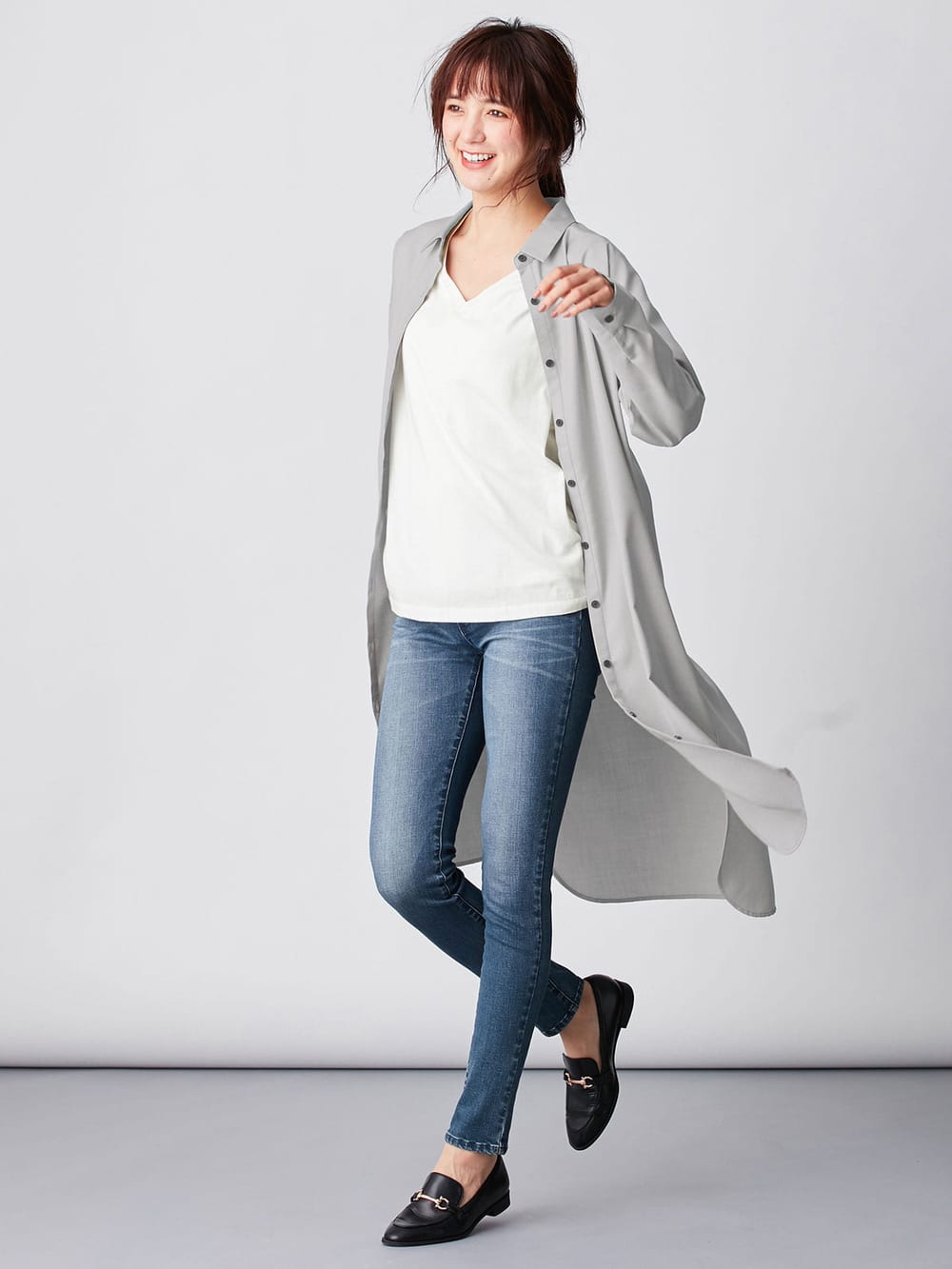 アウトレット|T/Rツイルシャツワンピース　マタニティ・授乳服【出産後も長く使える】|ライトグレー