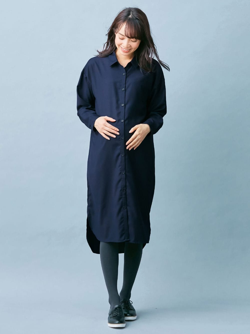アウトレット|T/Rツイルシャツワンピース　マタニティ・授乳服【出産後も長く使える】|ネイビー
