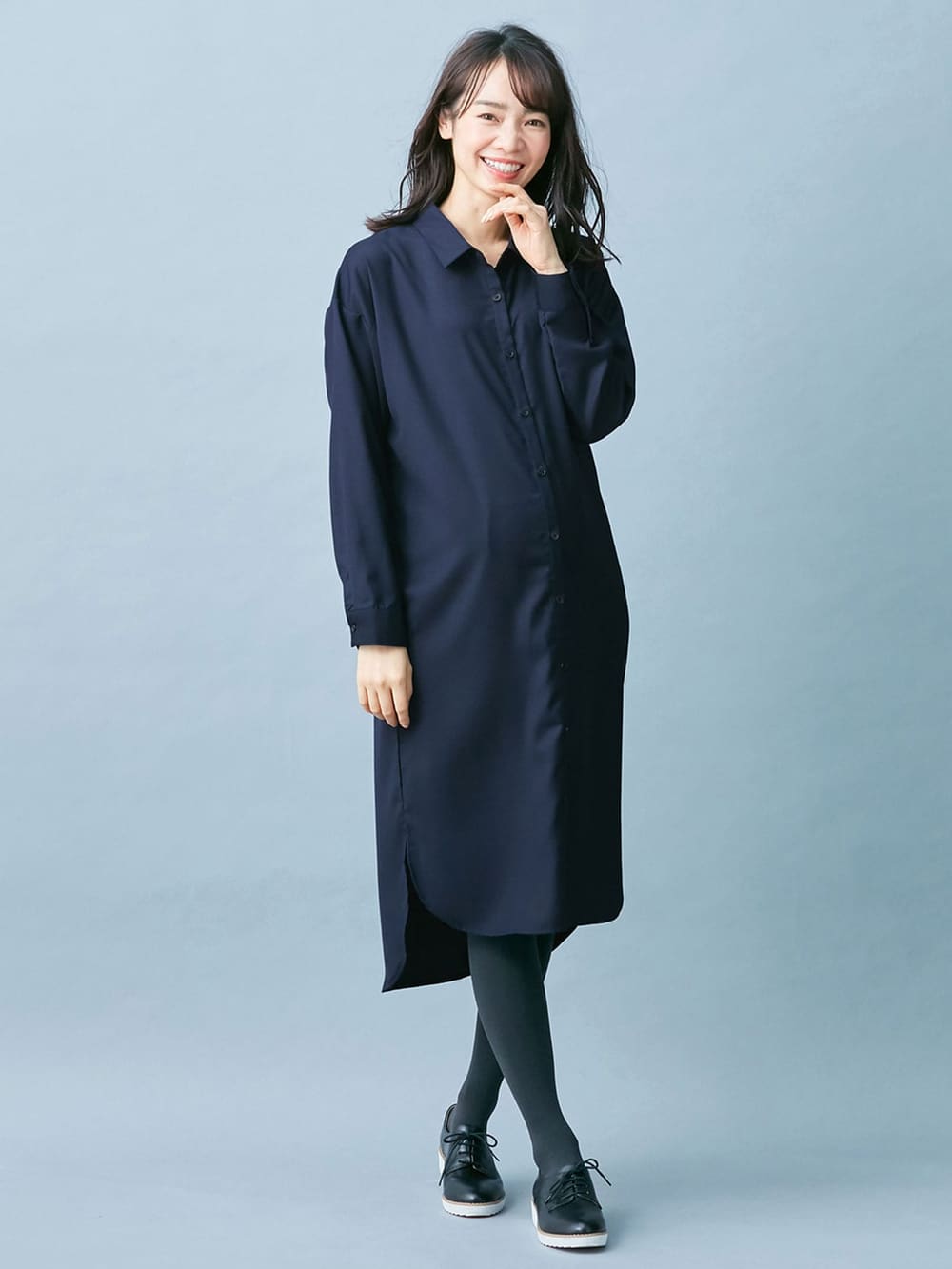 アウトレット|T/Rツイルシャツワンピース　マタニティ・授乳服【出産後も長く使える】|ネイビー