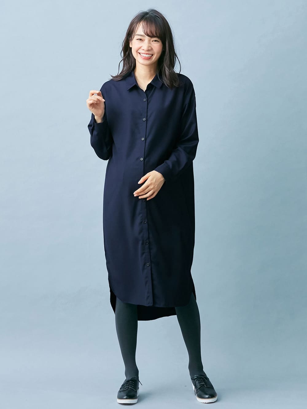 アウトレット|T/Rツイルシャツワンピース　マタニティ・授乳服【出産後も長く使える】|ネイビー