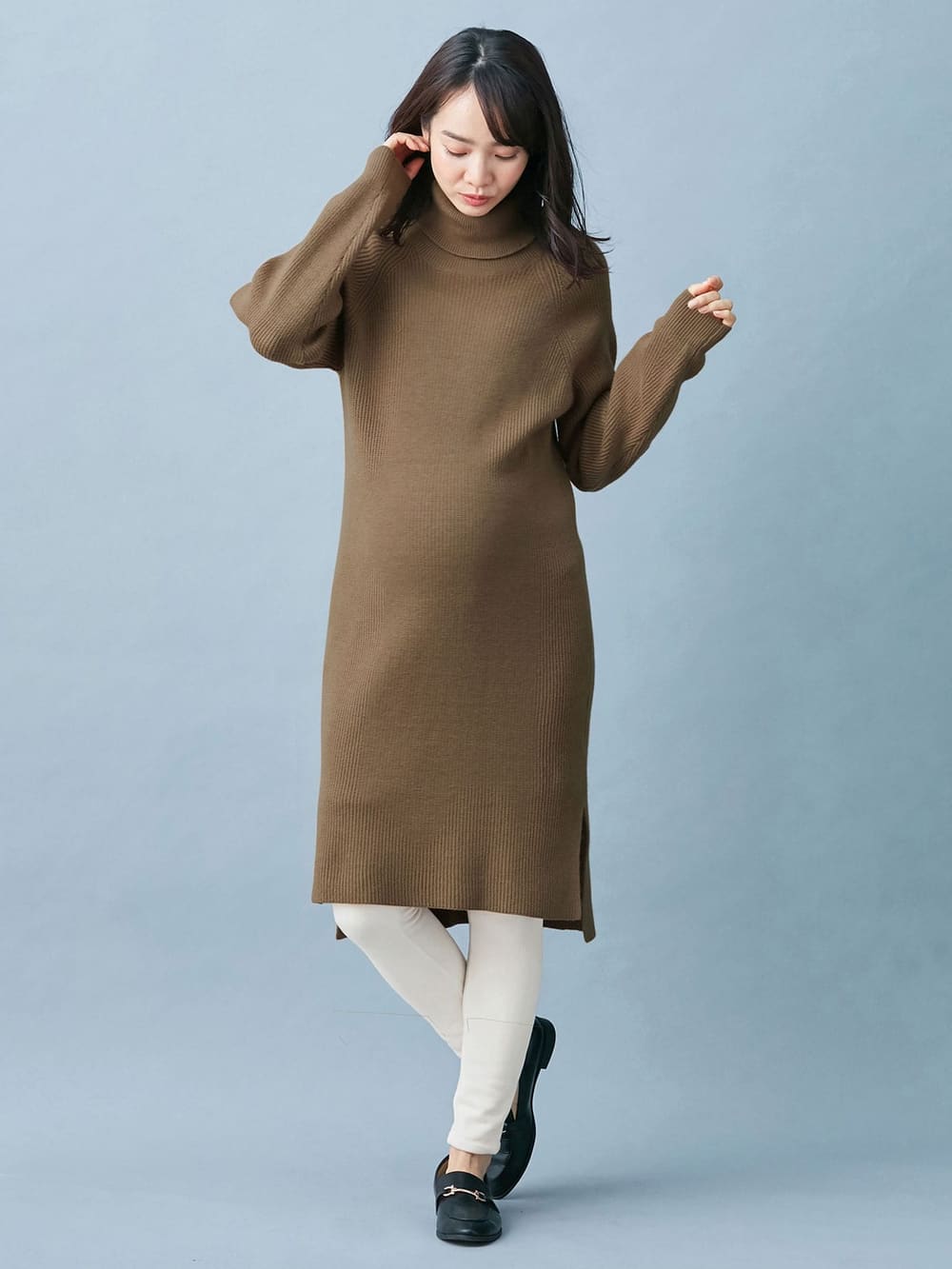 マタニティ ワンピース|片畦ニットタートルネックワンピース|ベージュ