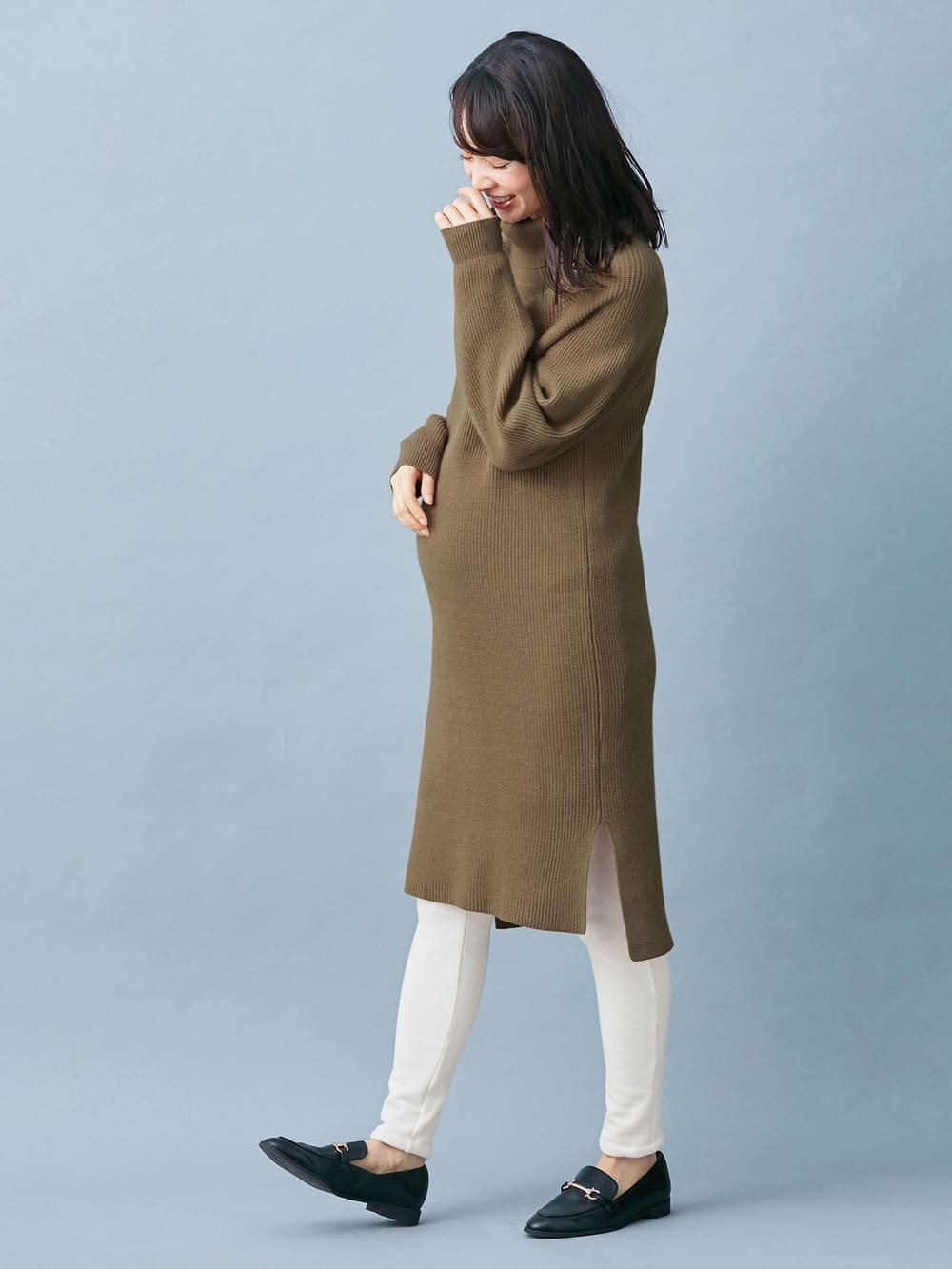 マタニティ ワンピース|片畦ニットタートルネックワンピース|ベージュ