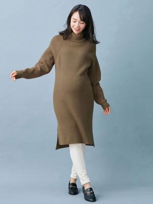 マタニティ ワンピース|片畦ニットタートルネックワンピース|ベージュ