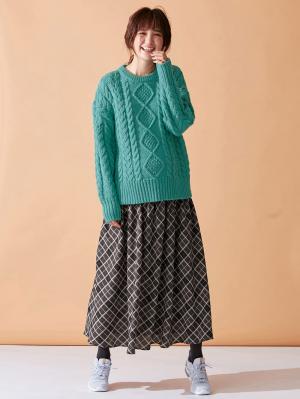 マタニティ トップス|ウール混ざっくりケーブル柄ニット|ブルーグリーン