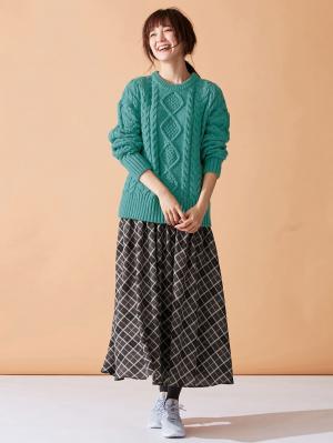 マタニティ トップス|ウール混ざっくりケーブル柄ニット|ブルーグリーン