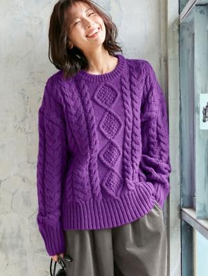 マタニティ トップス|ウール混ざっくりケーブル柄ニット|パープル