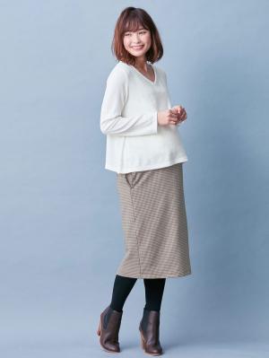 アウトレット|あったかニットソー×ジャガードタイトスカートドッキングワンピース　マタニティ・授乳服|オフ×ベージュ