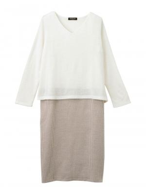 アウトレット|あったかニットソー×ジャガードタイトスカートドッキングワンピース　マタニティ・授乳服|オフ×ベージュ