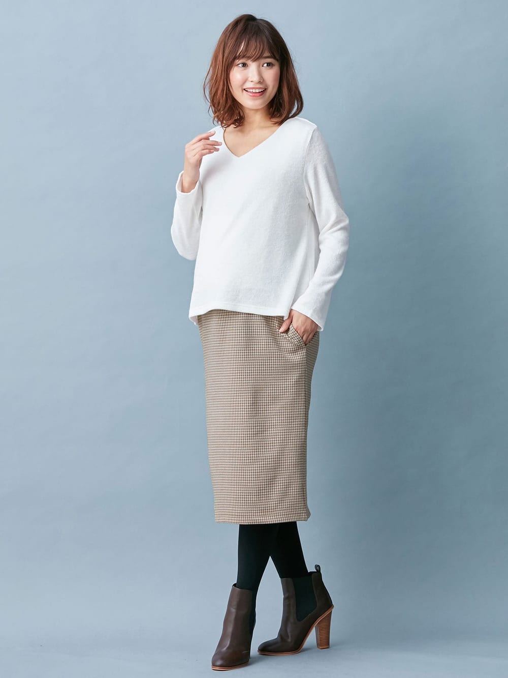 アウトレット|あったかニットソー×ジャガードタイトスカートドッキングワンピース　マタニティ・授乳服|オフ×ベージュ