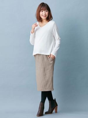 アウトレット|あったかニットソー×ジャガードタイトスカートドッキングワンピース　マタニティ・授乳服|オフ×ベージュ