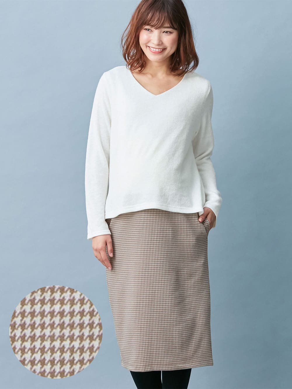 アウトレット|あったかニットソー×ジャガードタイトスカートドッキングワンピース　マタニティ・授乳服|オフ×ベージュ