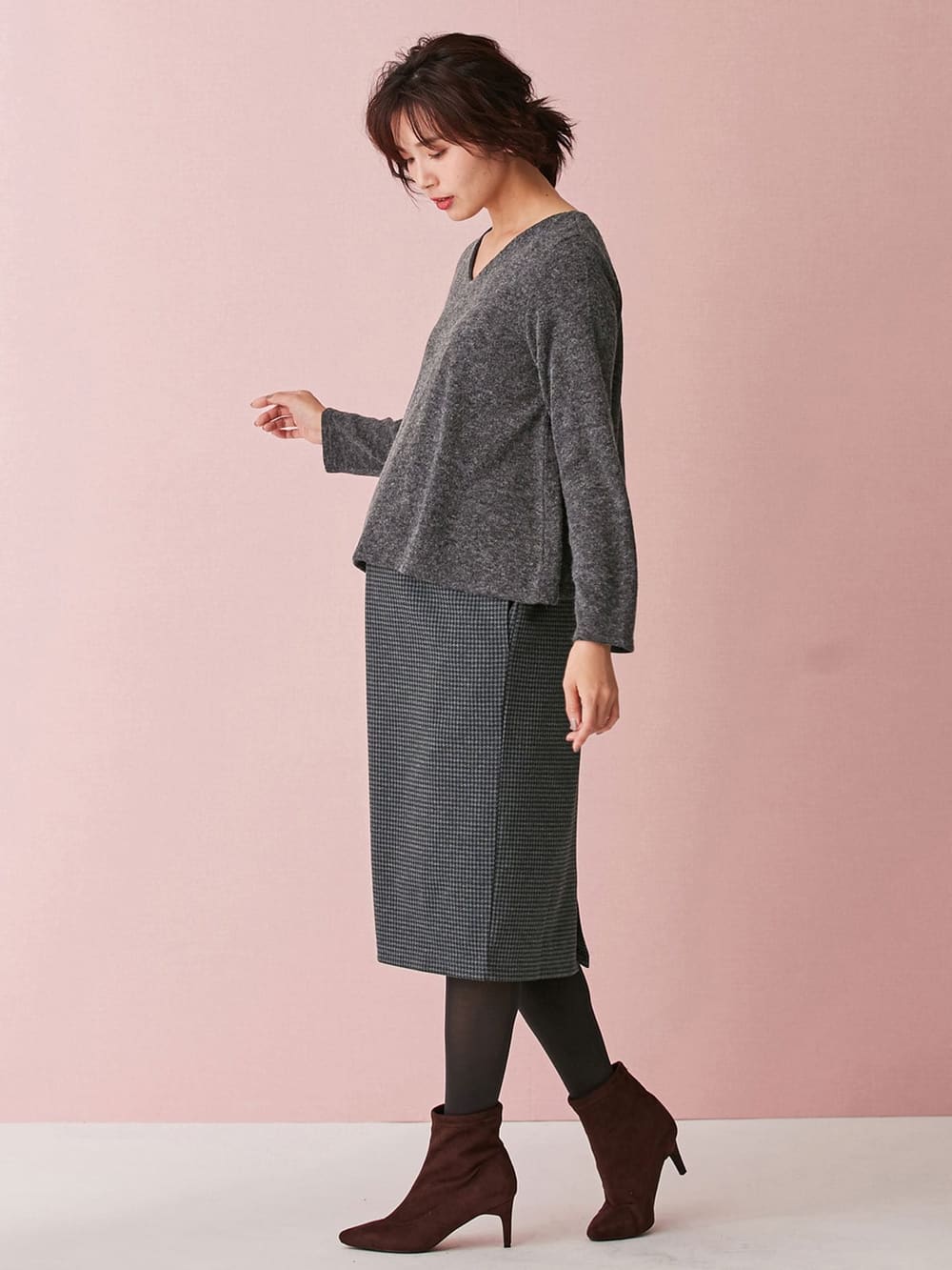 アウトレット|あったかニットソー×ジャガードタイトスカートドッキングワンピース　マタニティ・授乳服|チャコール×グレー