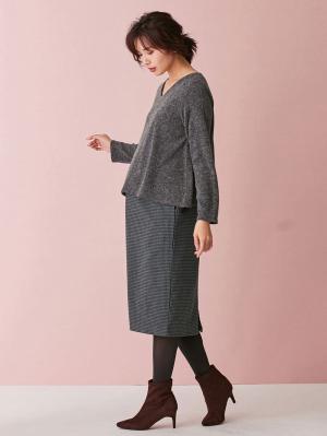 アウトレット|あったかニットソー×ジャガードタイトスカートドッキングワンピース　マタニティ・授乳服|チャコール×グレー