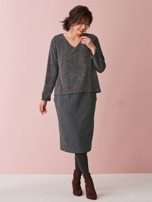 アウトレット|あったかニットソー×ジャガードタイトスカートドッキングワンピース　マタニティ・授乳服|チャコール×グレー