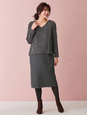 アウトレット|あったかニットソー×ジャガードタイトスカートドッキングワンピース　マタニティ・授乳服|チャコール×グレー