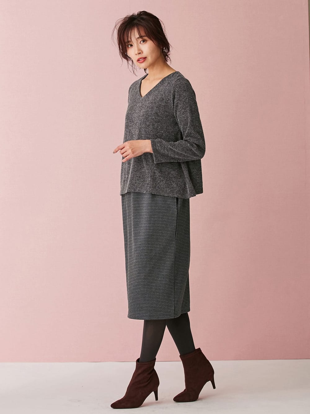 アウトレット|あったかニットソー×ジャガードタイトスカートドッキングワンピース　マタニティ・授乳服|チャコール×グレー