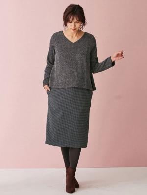 アウトレット|あったかニットソー×ジャガードタイトスカートドッキングワンピース　マタニティ・授乳服|チャコール×グレー