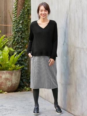 アウトレット|あったかニットソー×ジャガードタイトスカートドッキングワンピース　マタニティ・授乳服|ブラック×ブラック