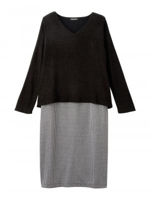 アウトレット|あったかニットソー×ジャガードタイトスカートドッキングワンピース　マタニティ・授乳服|ブラック×ブラック