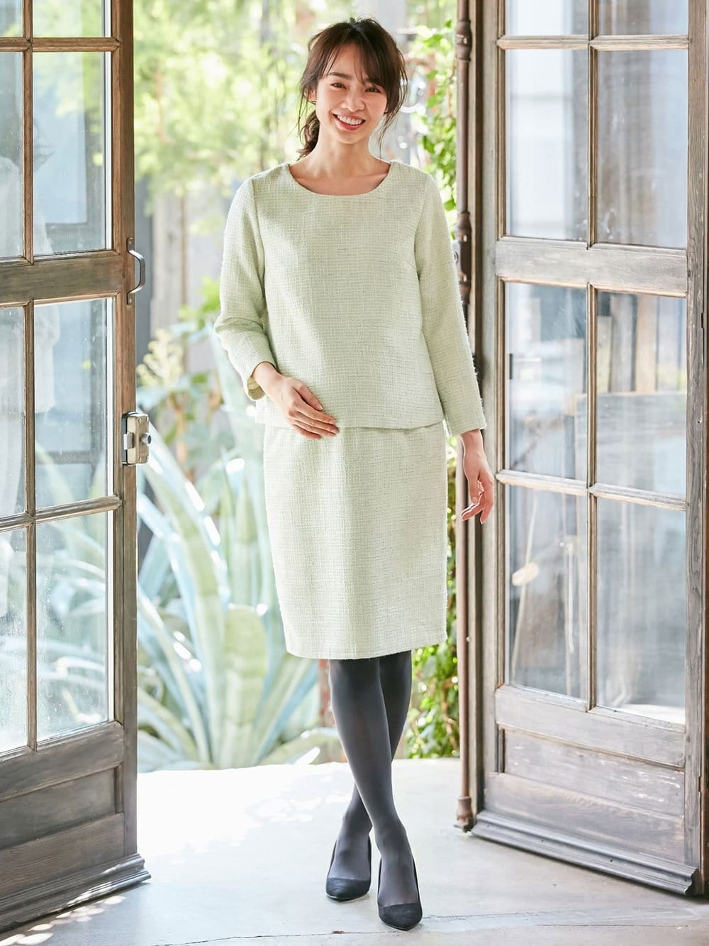 マタニティ ワンピース|ツィードトップス＆産前産後対応スカートセットアップ　マタニティ・授乳服【出産後も長く使える】