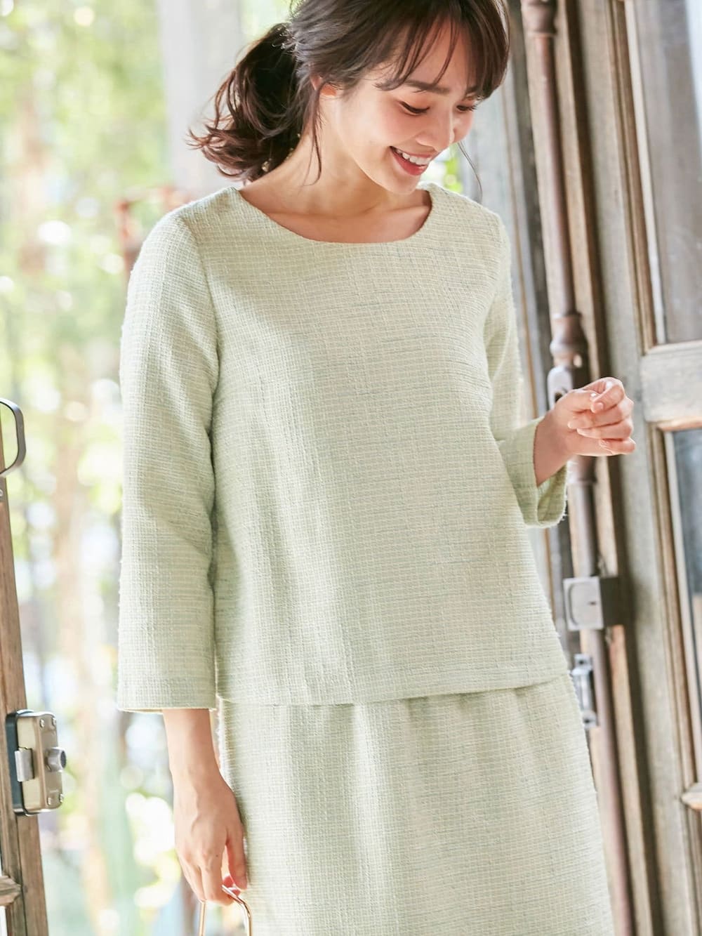 マタニティ ワンピース|ツィードトップス＆産前産後対応スカートセットアップ　マタニティ・授乳服【出産後も長く使える】