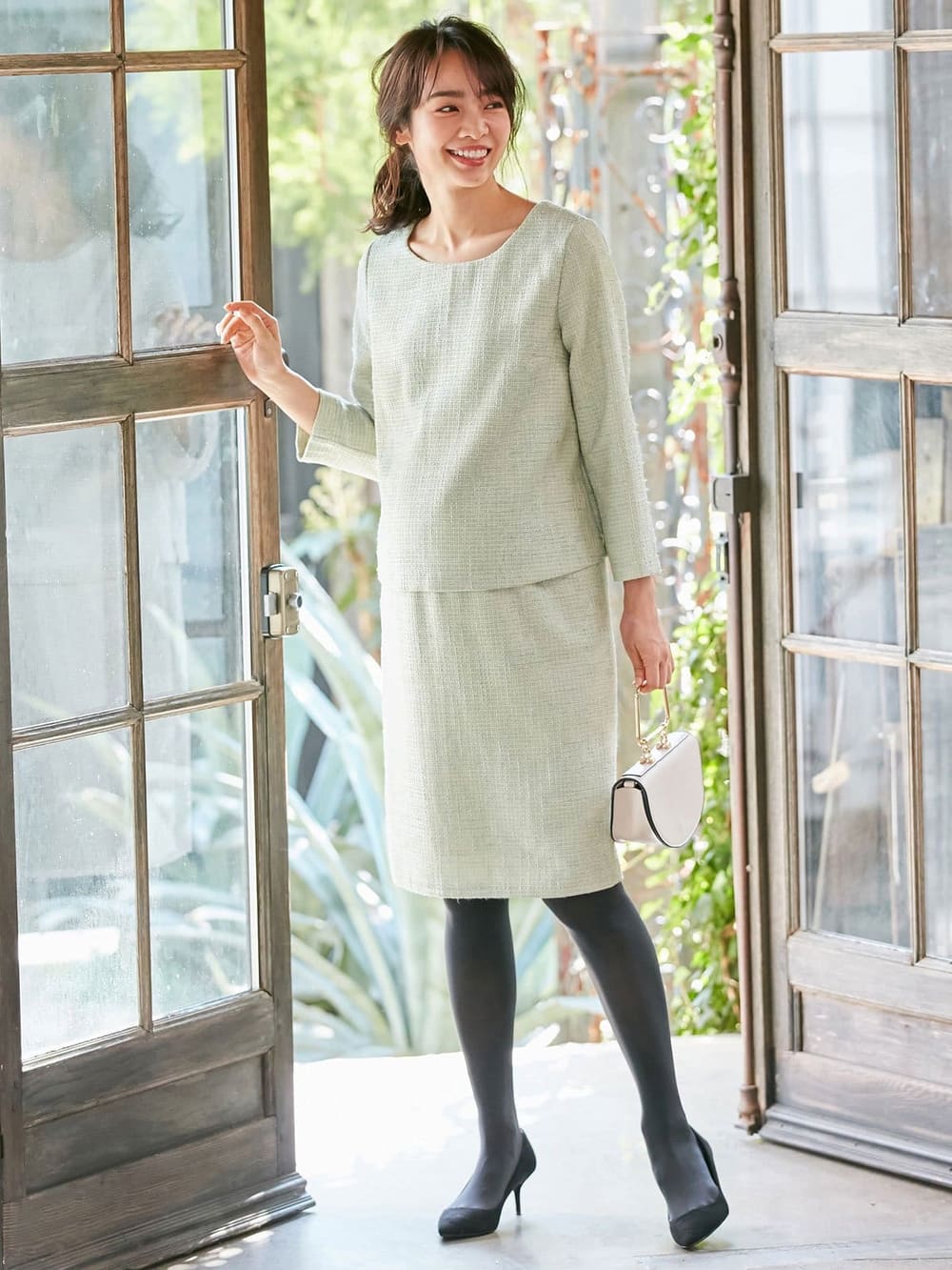 マタニティ ワンピース|ツィードトップス＆産前産後対応スカートセットアップ　マタニティ・授乳服【出産後も長く使える】