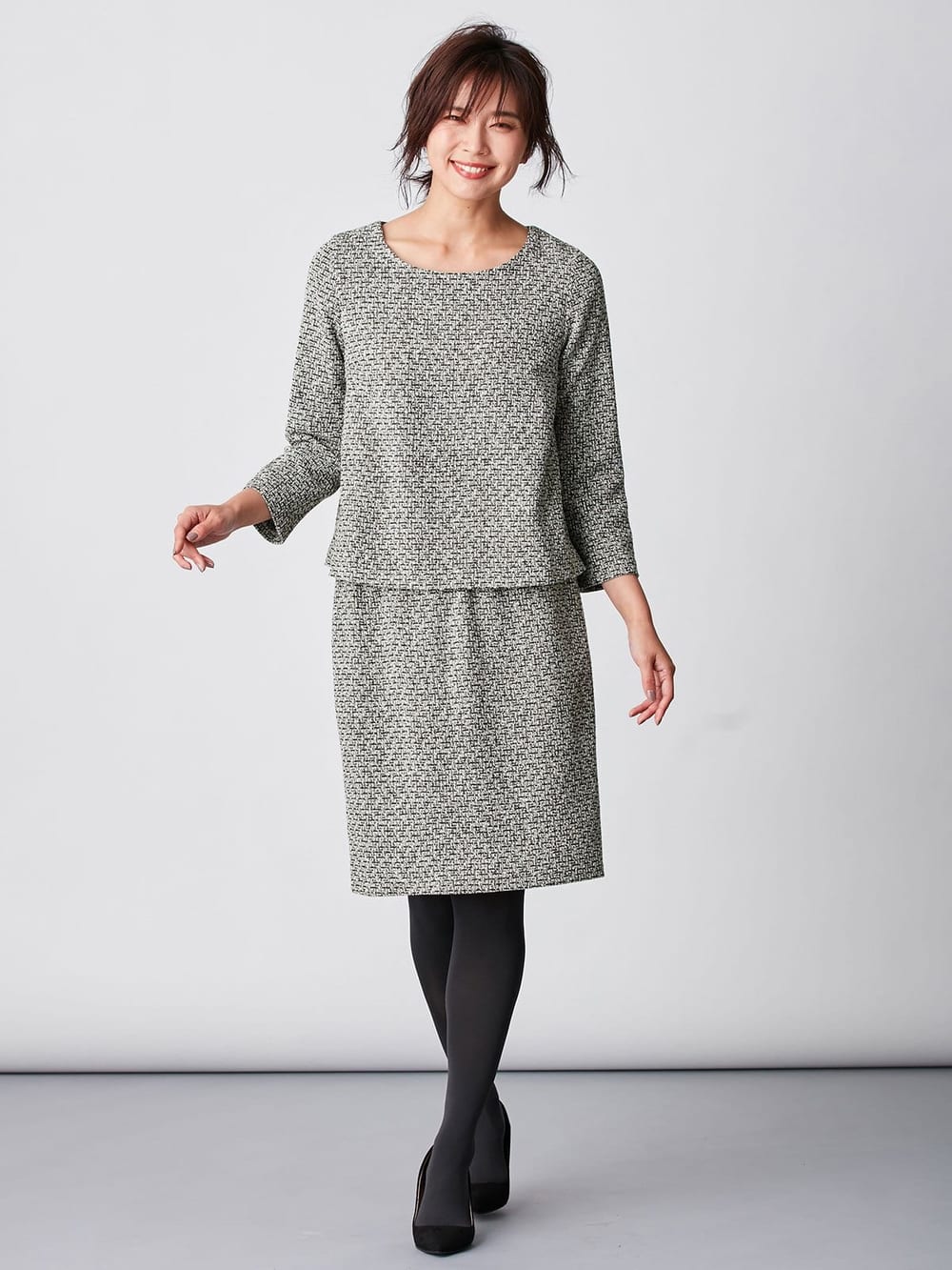 マタニティ ワンピース|ツィードトップス＆産前産後対応スカートセットアップ　マタニティ・授乳服【出産後も長く使える】